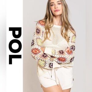 POL Smal Grandmacore Thick Raglan Sleeve Crew Neck Open Knit Ribbed Trim Sweater